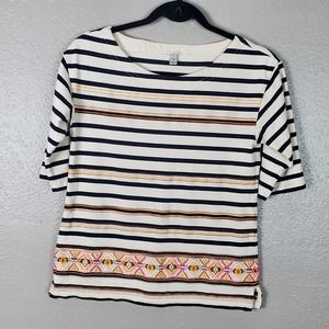 J.Crew Striped 3/4 Sleeve Tribal Embroidered Scoop Neck Top Office Casual XS